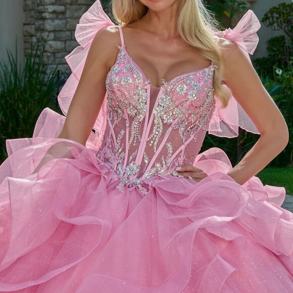 New Pink Dazzling Rhinestones Embellished Ruffled Quinceanera Tulle Gown GL3804 - Picture 5 of 14